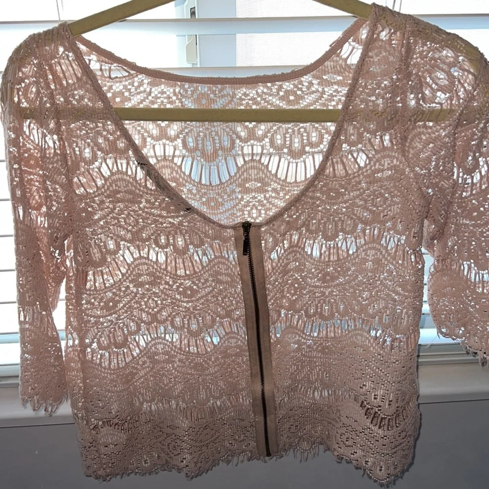 Zara Tan Cropped Embellished Sheer Blouse with 3/4 Sleeves Size Small